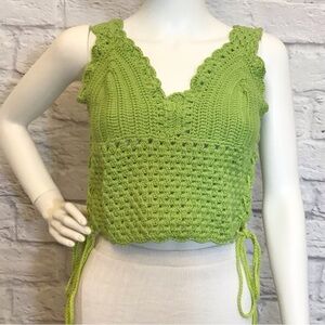 Festival XS Top Green Crochet Women’s Sleeveless Cropped Summer Cute Handmade